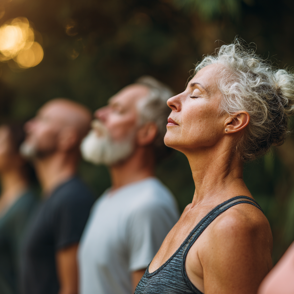 Adults practicing mindful fitness exercises in a natural outdoor setting