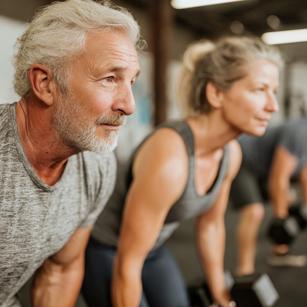 Mature adults engaging in strength training with natural movements in a peaceful gym environment